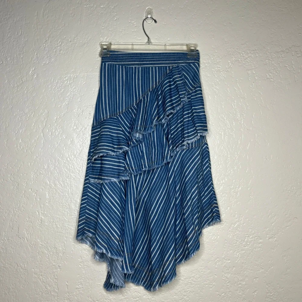 Pilcro Anthropologie Striped Ruffle Asymmetrical Denim Midi Skirt Blue 4 NWT